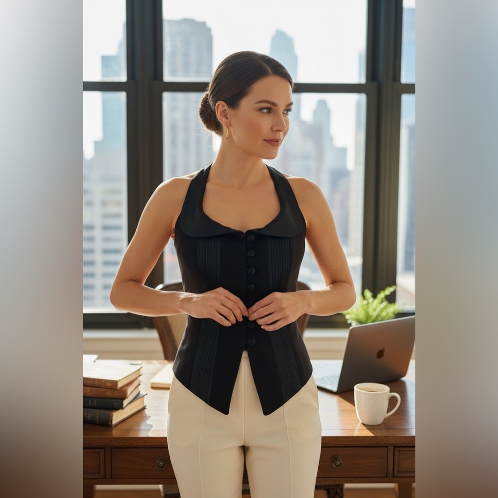 Bebe Wool Corset Vest Black Tailored Button Front Size 6